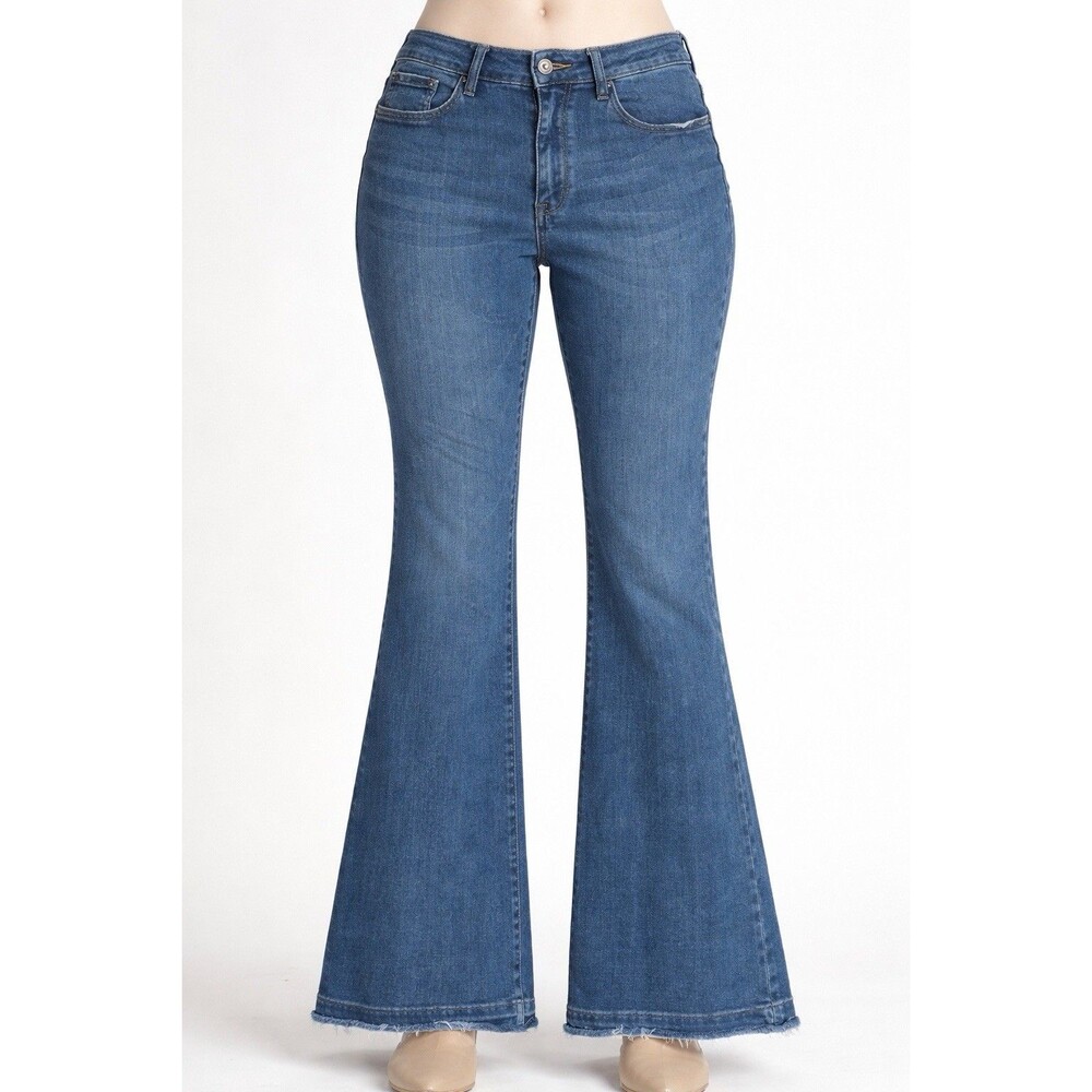 Judy Blue Flare Jeans 14W High Rise Stretch Raw Hem 31 Inseam Denim Boho 70’s